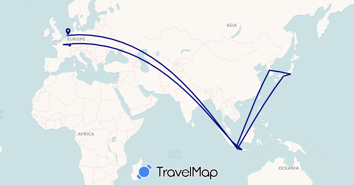 TravelMap itinerary: driving in France, Indonesia, Japan, South Korea, Netherlands (Asia, Europe)